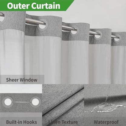 eachope No Hooks Needed Linen Textured Shower Curtain with Snap-in Fabric Liner Set,Grey Hotel Luxury Decor Shower Curtains for Bathroom,Waterproof & Washable,71Wx77H | 230GSM Thick Fabric,Hotel Luxury Decor,Mesh Top Window,Magnetic Weighted Hem,Waterproo