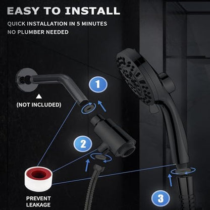 High Pressure Shower Head with Magnetic Back Fixed Base Design ,Handheld Showerhead with Hose Set Stainless Steel 59 inches/5 ft 10-Setting 5 inches Large Face ,Chrome Finish - color: Black