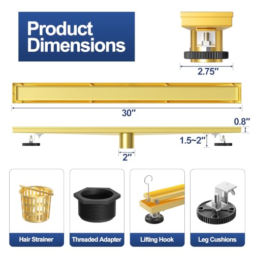 Neodrain 30-Inch Linear Shower Drain-Gold,with Tile Insert Grate | 304 Stainless Steel, Fast Drainage, Rectangle Shower Floor Drain with Leveling Feet & Hair Strainer, Fits Bathroom, Balcony - color: Gold, size: 30 IN