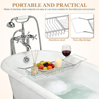 Cabilock Bathtub Tray - Stainless Steel Bathtub Caddy, Expandable Extra Wide Bath Tub Organizer, Rust-Resistant Over The Tub Shelf Rack with Non-Slip Grips for Phone Book Wine Glass, Silver - color: Silver