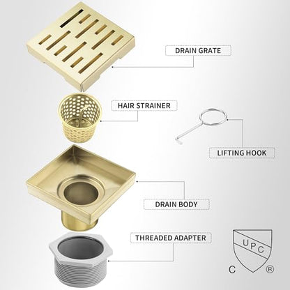 Square Shower Drain 4 inch, Brushed Gold 304 Stainless Steel Floor Drain for Bathroom, Removable Tile Insert Grate Includes Hair Strainer - color: Brushed Gold