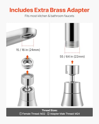 VEVOR Faucet Aerator, 360° Swivel Kitchen Sink Aerator, 5-Function 5-Flow Sink Sprayer Attachment, Bathroom Faucet Extender Head Replacement for 15/16 inch Female Thread with Adapter & 55/64 inch Male