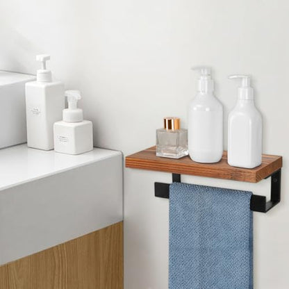 Hand Towel Holder/Towel Ring with Wooden Shelf, Hand Towel Rack, Hand Towel Hanger for Bathroom, Bath Accessories Wall Mounted, (Matte Black, 9"-Squ Shaped) - size: 9"-Squ Shaped
