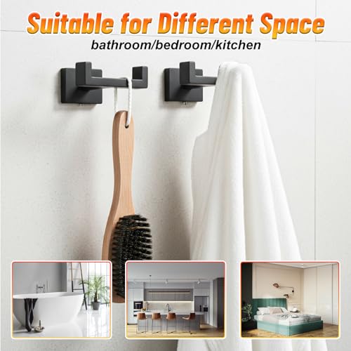 3 Pcs Angle Simple Double Towel Hook, Stainless Steel Shower Double Robe Coat Hooks for Wall, Hand Towel Holder for Bathroom Wall Livingroom Bedroom Kitchen Closet (Black)