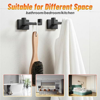 3 Pcs Angle Simple Double Towel Hook, Stainless Steel Shower Double Robe Coat Hooks for Wall, Hand Towel Holder for Bathroom Wall Livingroom Bedroom Kitchen Closet (Black)