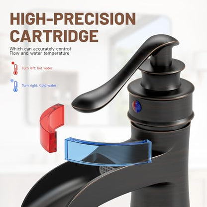 Oil Rubbed Bronze Waterfall Bathroom Faucet Single Handle One Hole | with Pop Up Drain & Supply Lines,Lead-Free Solid Brass,Farmhouse Faucet for Sink 1-3 Hole,Deck Mount,by Bathfinesse - color: A-Oil-Rubbed Bronze