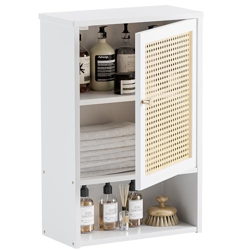 HITNET Medicine Cabinet, Rattan Bathroom Wall Cabinet Over Toilet, Bamboo Space Saver Storage Organizer with Door and Shelf for Living Room, Kitchen, Entryway, White - color: White