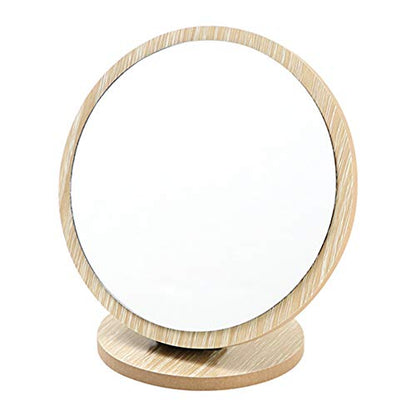 Aestivate Round Compact Table Mirror - Standing Wood Framed, 90 Degree Rotating for Makeup & Cosmetic - size: 7"L x 7"W