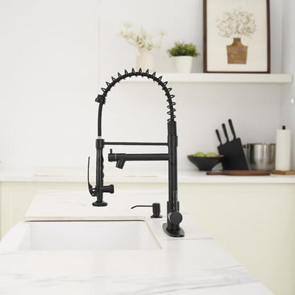 Fapully Commercial Pull Down Kitchen Sink Faucet with Sprayer Matte Black | Single Handle Faucets for Kitchen Sink, Kitchen Faucet with Soap Dispenser and Deck Plack for 4 Holes, 1.8GPM Water Flow - color: Matte Black, style: Contemporary