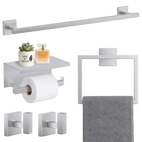 TURS 5-Pieces Brushed Nickel Bathroom Hardware Accessories Set 23.6" Towel Bar Set Wall Mounted Square Toilet Paper Holder with Shelf Stainless Steel - color: Brushed Nickel