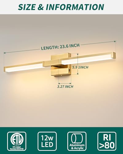 24 Inch Bathroom Vanity Light Fixtures, Gold Modern Light Fixtures Over Mirror, 12W 5CCT Dimmable Wall Light - color: Gold - 1Pack, size: 24 inch