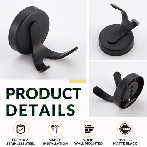 Matte Black Robe Towel Hook, Heavy Duty 11 lbs, Wall Mounted | Rust-resistant Double Wall Hook for Bathroom Kitchen Entryway, Towels, Robes, Coats, Bags Storage Hook, Anti-drop Design
