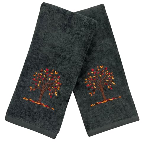 Serafina Home Harvest Fall Bathroom Guest Hand Embroidered Towels 2 Pc Set: Autumn Tree Design Bath Plush Grey Gray Towels, 100% Cotton, 16" x 25" Inches, Oeko-TEX Certified - color: Autumn Tree Grey