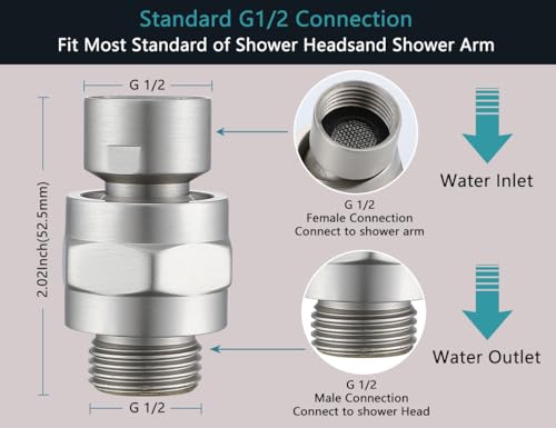 Shower Head Swivel Ball Adapter, Solid Brass Universal Angle Connector | Solid Brass, No Flow Restrictor, G1/2 Universal Fit, Adjustable Angle, Handheld/ Fixed/Rain Showerheads, Brushed Nickel - color: Brushed Nickel