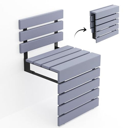 Folding Wall Mounted Teak Wood Shower Seat with Backrest, Water Resistant Foldable Bathroom Stool with Legs, Premium Materials Handmade Shoe Changing Bench, Space Saving and Super Safe Chair (Gray) - color: Gray