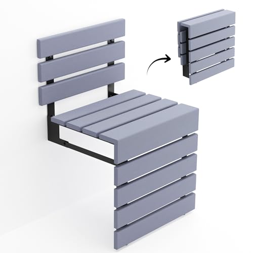 Folding Wall Mounted Teak Wood Shower Seat with Backrest, Water Resistant Foldable Bathroom Stool with Legs, Premium Materials Handmade Shoe Changing Bench, Space Saving and Super Safe Chair (Gray) - color: Gray