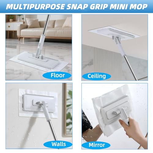4 in 1 Snap Grip Mini Mop with Squeegee, Floor Scrub Brush with Long Handle | Click Mop, 2 Shiny Towels Wipes Cleaning Cloths, 2 Crevice Brush, Snap Grip Mop for Windows Car Glass Floor Shower Bathroom