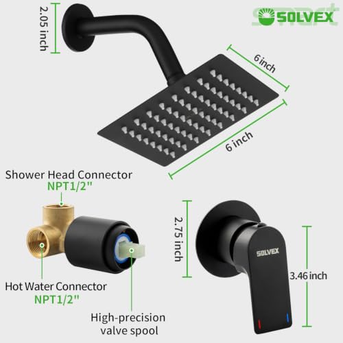 SOLVEX Shower Faucet Set with Valve Rain Shower System Head Stainless Steel Wall Mount Single Handle Shower Trim Kit 6 Inch High Pressure Shower Head Matte Black SP-90103-N - color: Black
