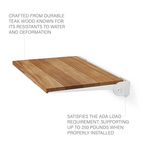 Seachrome 18 inch Silhouette Slimline Folding Wall Mount Shower Bench Seat, Natural Teak Wood with White Frame - color: Teak Wood With White Frame