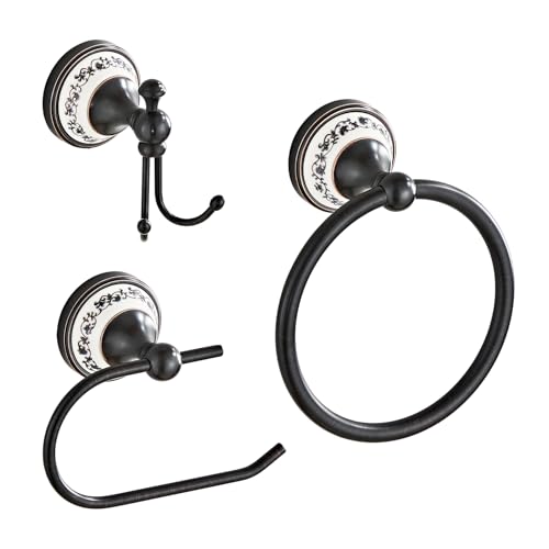 Black Towel Ring Clothes Hook Tissue Holder Three Piece Set, Bathroom Kitchen Antique Three Piece Set, Wall Mounted Bathroom and Kitchen Supplies YIGUANXIN - color: Black, size: Three-Piece Set