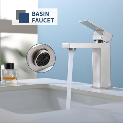 Brushed Nickel Bathroom Sink Faucets One Hole Sink Faucet Single Handle 1 Hole Vanity SUS304 Stainless Steel Faucet for Bathroom Sink Bathroom Faucets, SF3-BN - color: Brushed Nickel, style: For 1 Hole Sink: Only Faucet (NO Drain)