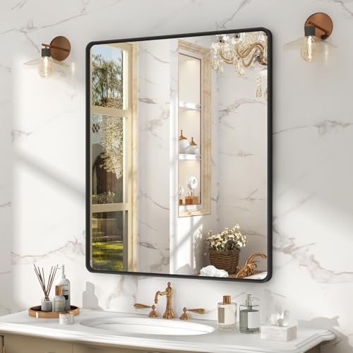 OKPAL 30X36 Inch Matte Black Metal Frame Bathroom Mirror for Wall, Black Bathroom Vanity Mirror Farmhouse, Black Rounded Rectangle Mirror, Anti-Rust, Tempered Glass (Horizontal/Vertical) - color: Matte Black, size: 36"L x 30"W