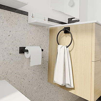 RUACQ Matte Black Toilet Paper Holder & Towel Ring, Bathroom Accessories | 2-Piece Bathroom Hardware Set, Pivoting Tissue Roll Holder, Hand Towel Ring, Square Base, 304 Stainless Steel, Wall Mounted - color: Matte Black, size: 2pcs
