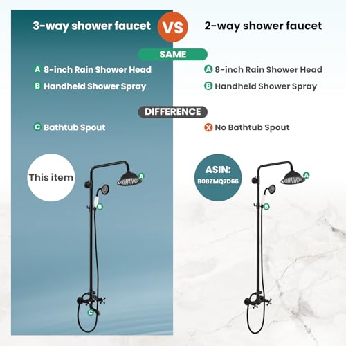 gotonovo Exposed Shower System with Spout,Matte Black,No Shower Shelf | Brass Shower Faucet Set,8’’ Rain Head with Handheld Spray,Swivel Tub Spout,2 Cross Handle,6’’ Hole Distance,Adjustable Height - color: Black