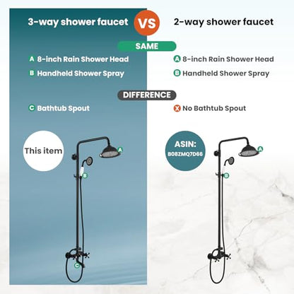 gotonovo Exposed Shower System with Spout,Matte Black,No Shower Shelf | Brass Shower Faucet Set,8’’ Rain Head with Handheld Spray,Swivel Tub Spout,2 Cross Handle,6’’ Hole Distance,Adjustable Height - color: Black