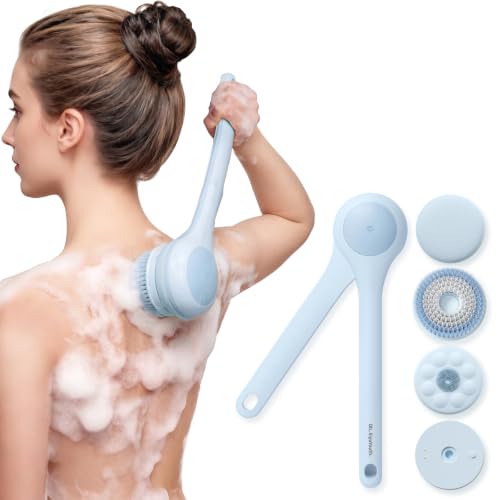 Electric Body Brush, Back Scrubber for Shower with Long Dual Handle, Waterproof Power Shower Brush with 3 Interchangeable Heads & 2 Speeds for Cleansing, Exfoliating and Massage, Sky Blue - color: Sky Blue