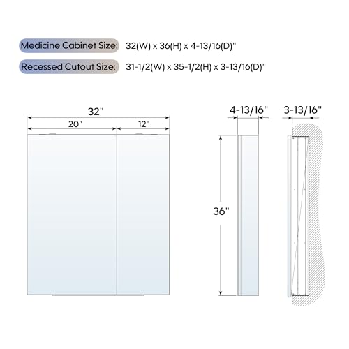 32" x 36" Bathroom Medicine Cabinet with Mirror, Anodized Chrome Aluminum Frame, Surface Mount or Recessed Medicine Cabinet with Mirror, Bathroom Mirror with Storage, Double Doors - size: 32"x36"-A