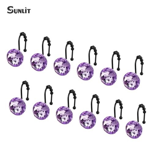 Sunlit Luxury Design Round Purple Diamond Crystal Gem Bling with Glide Balls Shower Curtain Hooks, Rust Proof Metal Rhinestones Glam Shower Curtain Rings with Black Hooks, Set of 12 - color: Purple With Black Hooks