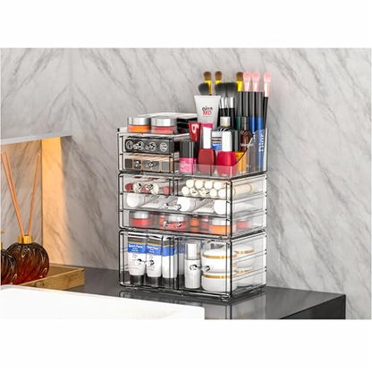 Cq acrylic 3 Pack Clear Makeup Organizer Countertop,Stackable 8 Drawers Skin Care Organizer,Cute Make Up Organizers for Vanity Jewelry,Hair Accessory,Beauty,Skin Care,Skincare Product Desk Storage - size: 8 Drawers-Set of 3