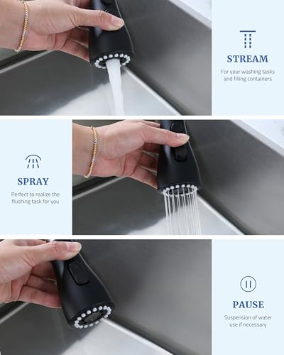 Kitchen Faucet Head Replacement, 15 Adapters, 3-Mode Pull Down Sprayer Head | 3 Functions Stream Spray Pause, Easy 5-Min Install, Pull Out Nozzle, Matte Black, Compatible with Moen Delta Hansgrohe - color: Matte Black