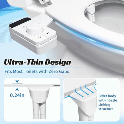 Bidet Attachment for Toilet,Ultra Thin,Self-Cleaning Dual Nozzles | Adjustable Water Pressure,Non-Electric,Rotate Button Control,One Click Detach,Fits Most Toilets,Cold Water,White,Square