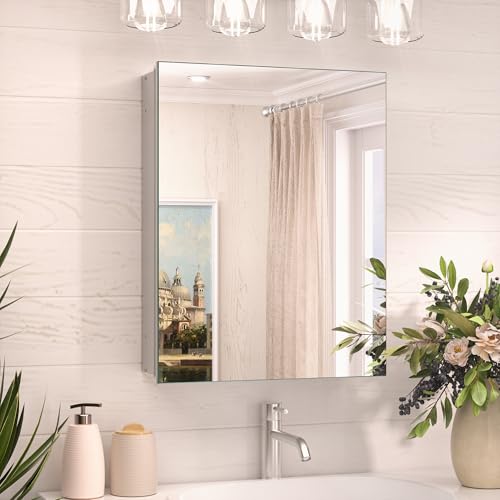 TokeShimi 14 x 18 Silver Medicine Cabinet, Aluminum Mirror Medicine Cabinet Wall Mounted or Recessed with Stepless Adjustable Amply Storage - color: Silver, size: 14x18 in