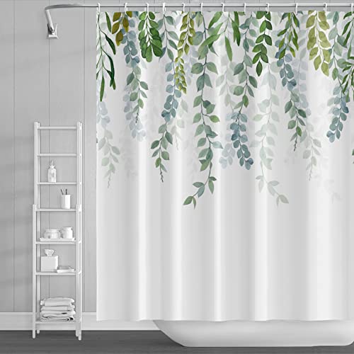 AWERT Plant Shower Curtain for Bathroom Sage Green Eucalyptus Waterproof Quick-Drying Green Leaves Shower Curtain Set with Hooks 60x72 Inch - color: Green, size: 60"W x 72"L (Pack of 1)