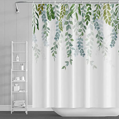 AWERT Plant Shower Curtain for Bathroom Sage Green Eucalyptus Waterproof Quick-Drying Green Leaves Shower Curtain Set with Hooks 60x72 Inch - color: Green, size: 60"W x 72"L (Pack of 1)