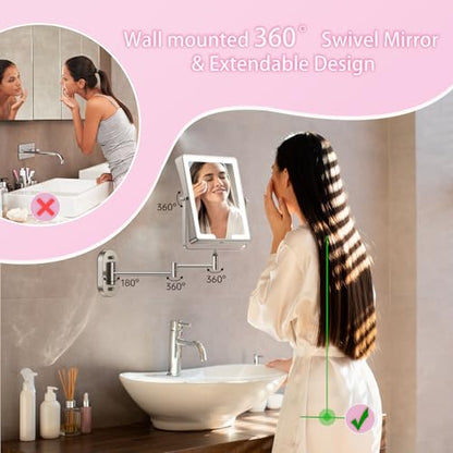 FASCINATE 8.7" 5000mAh Rechargeable Wall Mounted Makeup Mirror (Nickel) | Bathroom Mirror Rectangle Double Sided Touch Switch 1X 30X Magnifying, 3 Color Setting, Extended Arm 360° Swivel Foldable - color: Nickel a
