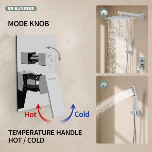 SR SUN RISE SRSH-D1203 12 Inches Bathroom Luxury Rain Mixer Shower Combo Set Wall Mounted Rainfall Shower Head System Polished Chrome Shower Faucet Rough-in Valve Body and Trim Included - color: Polished Chrome, size: 12 Inch