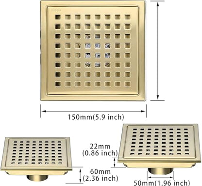 6 Inch Square Shower Floor Drain with Removable Cover Grid Grate,SUS304 Stainless Steel Brushed Gold Brass Finished,98738BG6. - color: Brushed Gold