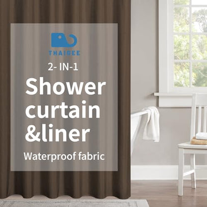 2-in-1 Waterproof Fabric Shower Curtain,No Separate Liner Needed,Linen Textured,Effortless Cleaning & Washable Bathroom Shower Curtain Set with 12 Plastic Hooks,72"x72",Brown - color: Brown, size: 72"W x 72"L (Pack of 1)