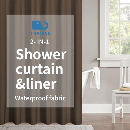 2-in-1 Waterproof Fabric Shower Curtain,No Separate Liner Needed,Linen Textured,Effortless Cleaning & Washable Bathroom Shower Curtain Set with 12 Plastic Hooks,72"x72",Brown - color: Brown, size: 72"W x 72"L (Pack of 1)