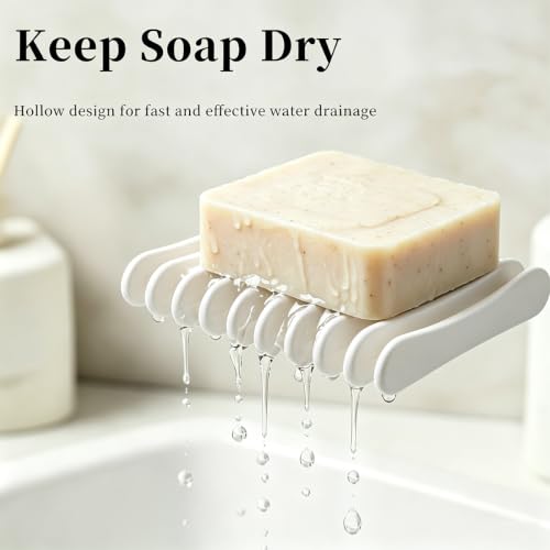 2 Pcs White Plastic Soap Dish, Self Draining Waterfall Design Bar Soap Holder, Non-Slip Soap Saver Tray Keeps Soap Dry for Shower Bathroom Kitchen Countertop - color: White