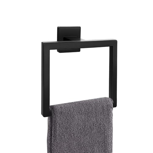 Matte Black Towel Ring,Square Hand Towel Holder,Towel Hanger, Bathroom Hardware Accessories,Stainless Steel Wall-Mounted Towel Hoder - color: Matte Black, size: 1 Pc