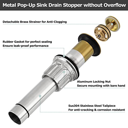 All Metal Bathroom Sink Drain Without Overflow, Stainless Steel Pop Up Drain for Lavatory Vanity Vessel Sink, Brushed Gold, 2108608 - color: Brushed Gold, style: Without Overflow