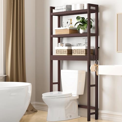 Smiry Over The Toilet Storage Cabinet, 3-Tier Bamboo Bathroom Organizers with Adjustable Shelf & 4 Hooks, Space Saving Shelf Rack for Bathrooms, Laundry Room, Balcony, Brown - color: Brown, size: 3 Tiers (66.9"H)