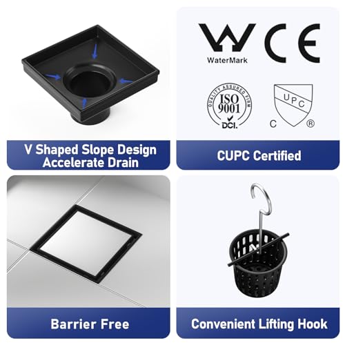 Square Shower Drain, 304 Stainless Steel Floor Drain 4" | with Tiled Insert Grate & Hair Strainer, Bathroom 2-in-1 Tiled in Drain, CUPC Certified - color: Matte Black, size: 4''