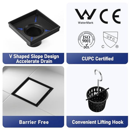 Square Shower Drain, 304 Stainless Steel Floor Drain 4" | with Tiled Insert Grate & Hair Strainer, Bathroom 2-in-1 Tiled in Drain, CUPC Certified - color: Matte Black, size: 4''