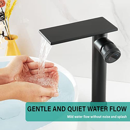 becola Modern Matte Black Bathroom Faucet，Tall Waterfall Faucet for Bathroom Sink，Single Hole Cold and Hot Basin Mixer Tap，Single Handle Vanity Faucet with Adjust Knobs and Two Supply Lines - color: Matte Black, size: Tall